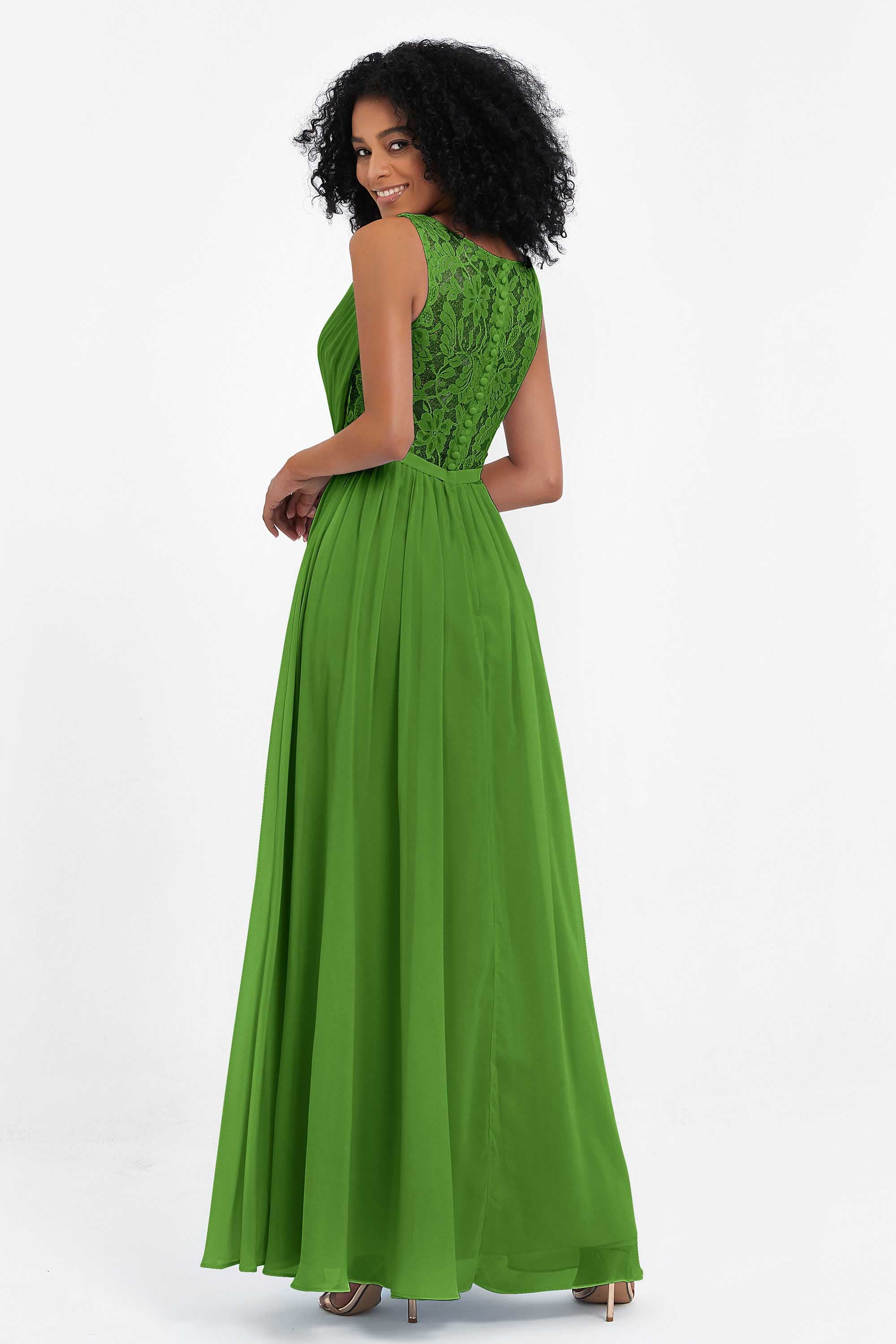 A Line Chiffon Bridesmaid Dress With Lace Ruched Sleeveless Formal Evening Prom Dresses