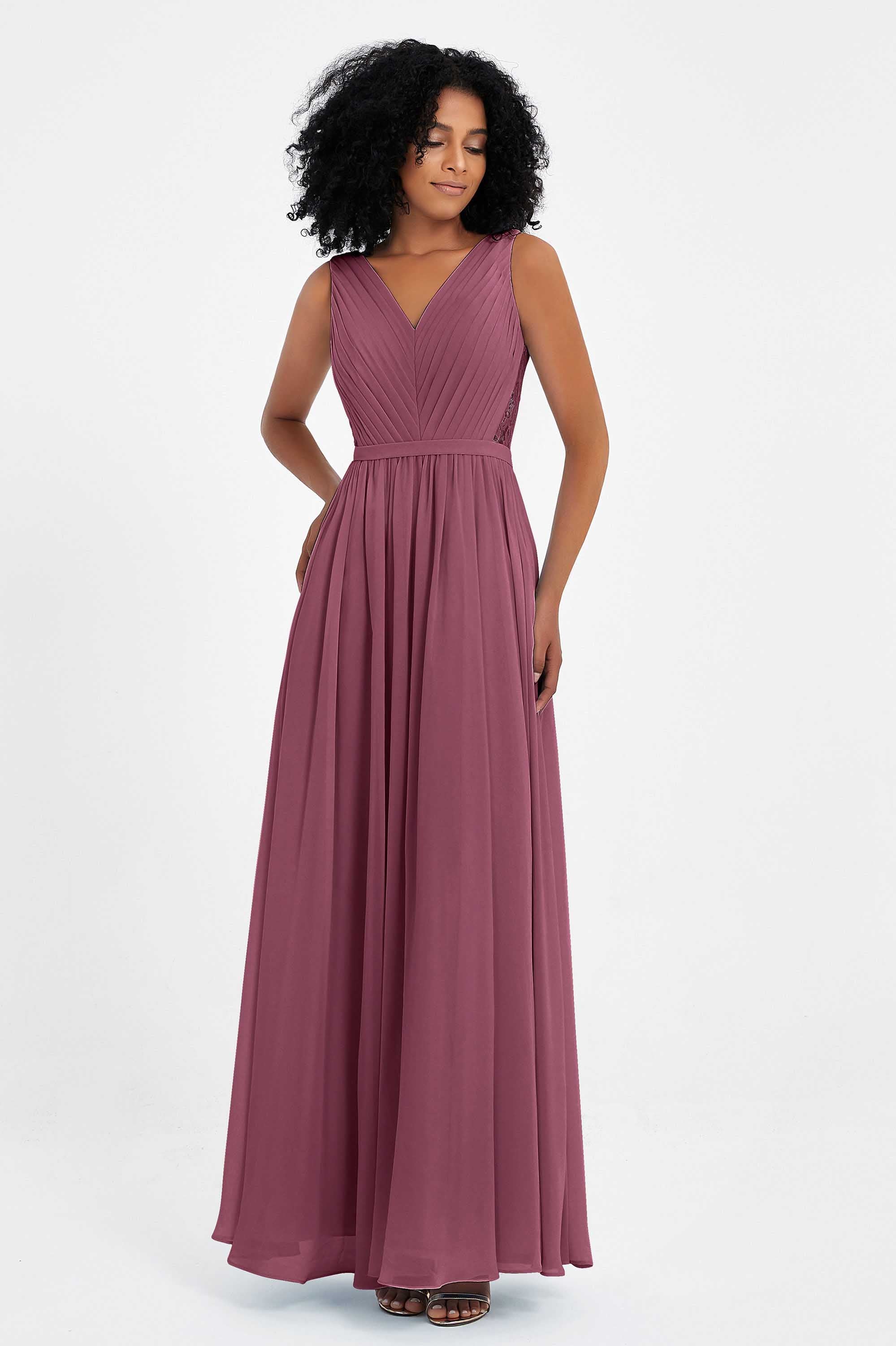 A Line Chiffon Bridesmaid Dress With Lace Ruched Sleeveless Formal Evening Prom Dresses