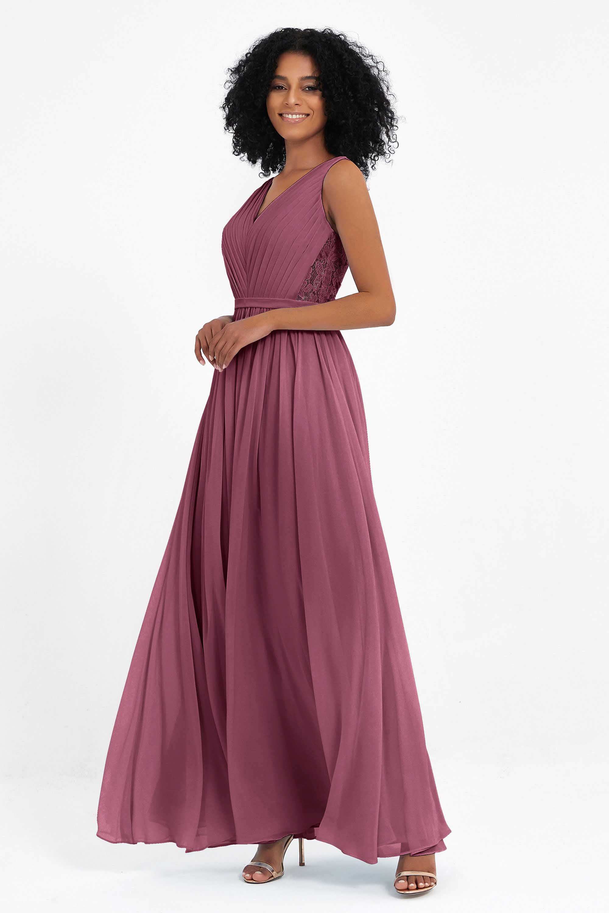 A Line Chiffon Bridesmaid Dress With Lace Ruched Sleeveless Formal Evening Prom Dresses