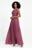 A Line Chiffon Bridesmaid Dress With Lace Ruched Sleeveless Formal Evening Prom Dresses