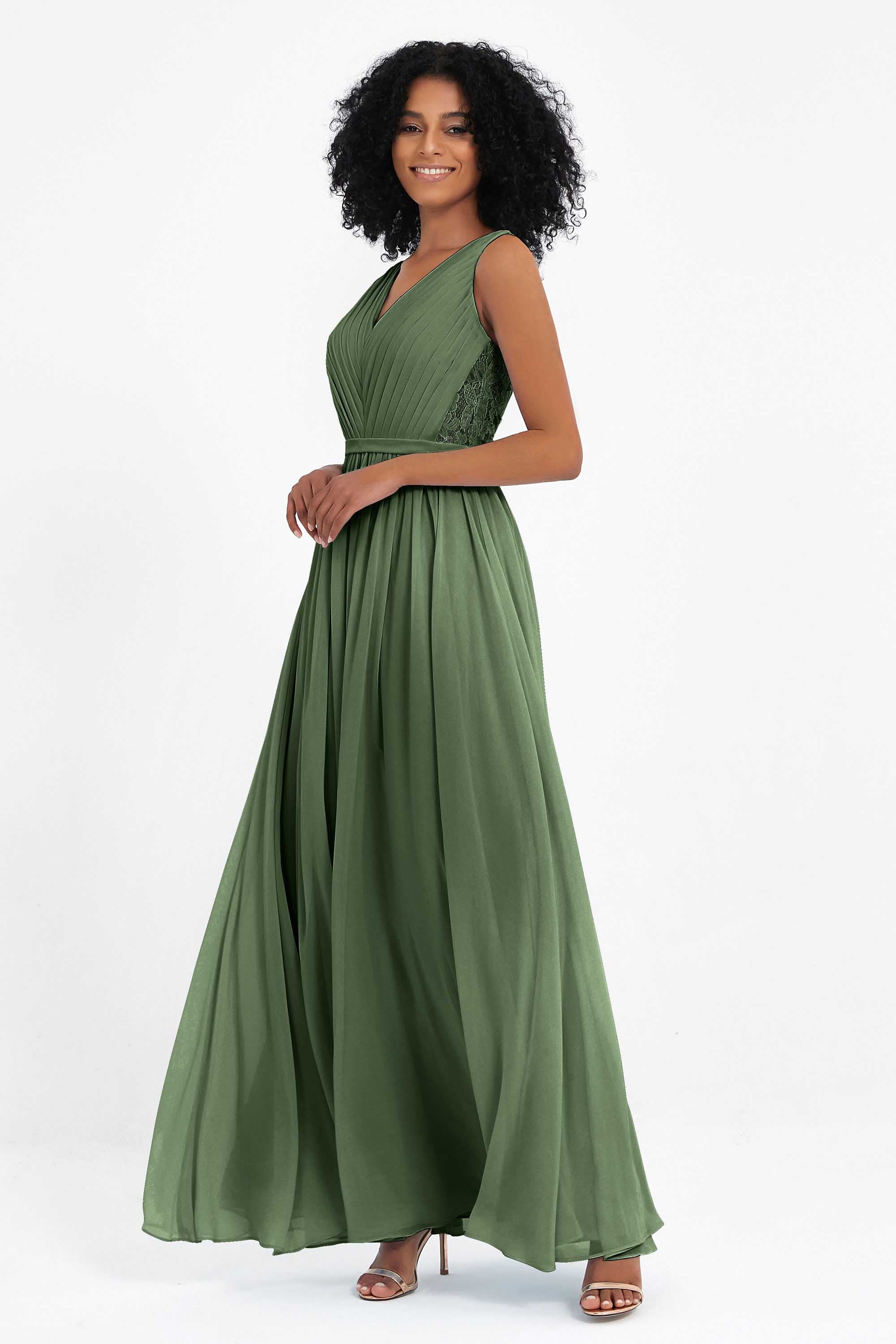 A Line Chiffon Bridesmaid Dress With Lace Ruched Sleeveless Formal Evening Prom Dresses