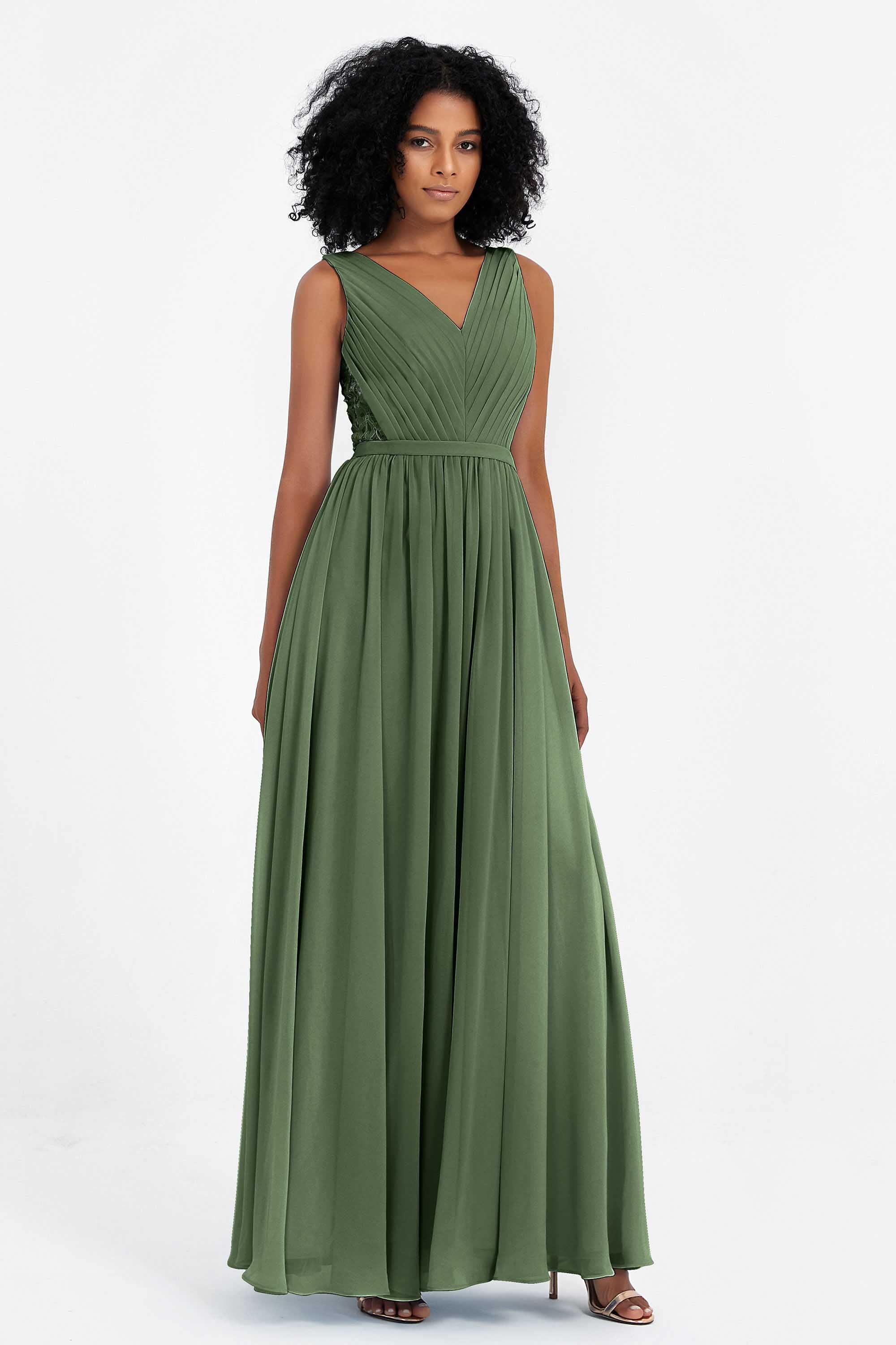 A Line Chiffon Bridesmaid Dress With Lace Ruched Sleeveless Formal Evening Prom Dresses