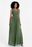 A Line Chiffon Bridesmaid Dress With Lace Ruched Sleeveless Formal Evening Prom Dresses