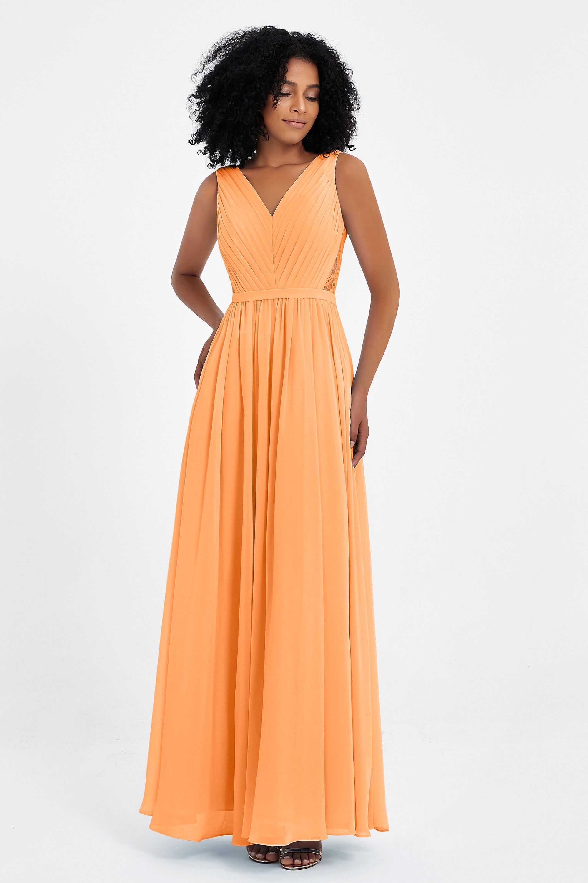 A Line Chiffon Bridesmaid Dress With Lace Ruched Sleeveless Formal Evening Prom Dresses