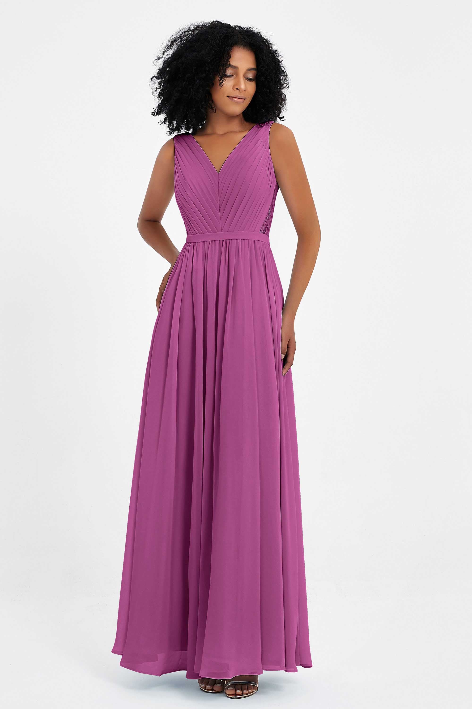 A Line Chiffon Bridesmaid Dress With Lace Ruched Sleeveless Formal Evening Prom Dresses