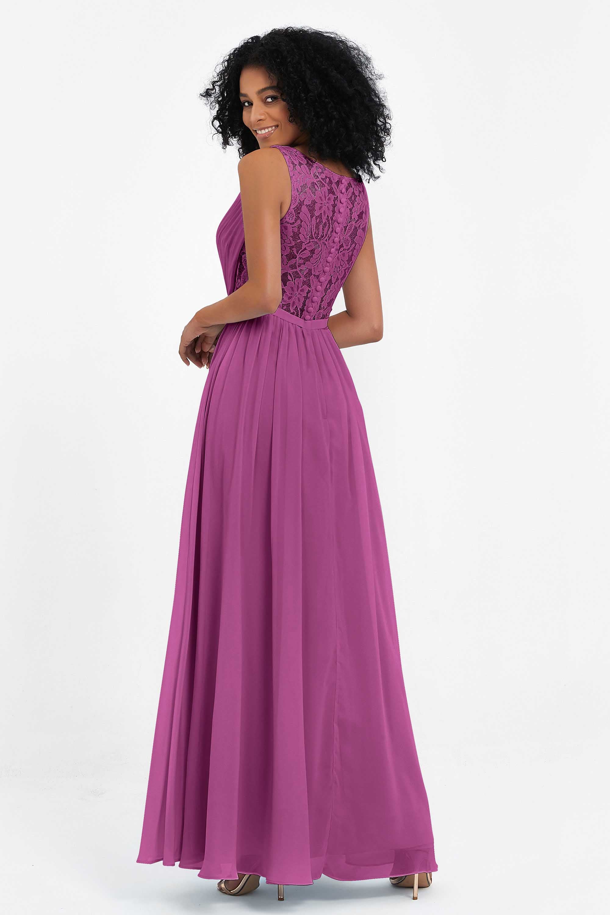 A Line Chiffon Bridesmaid Dress With Lace Ruched Sleeveless Formal Evening Prom Dresses