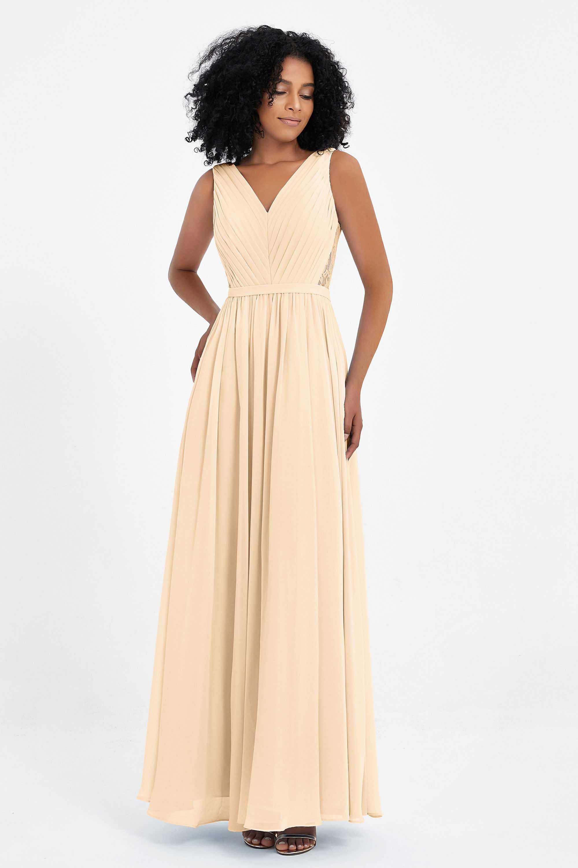 A Line Chiffon Bridesmaid Dress With Lace Ruched Sleeveless Formal Evening Prom Dresses