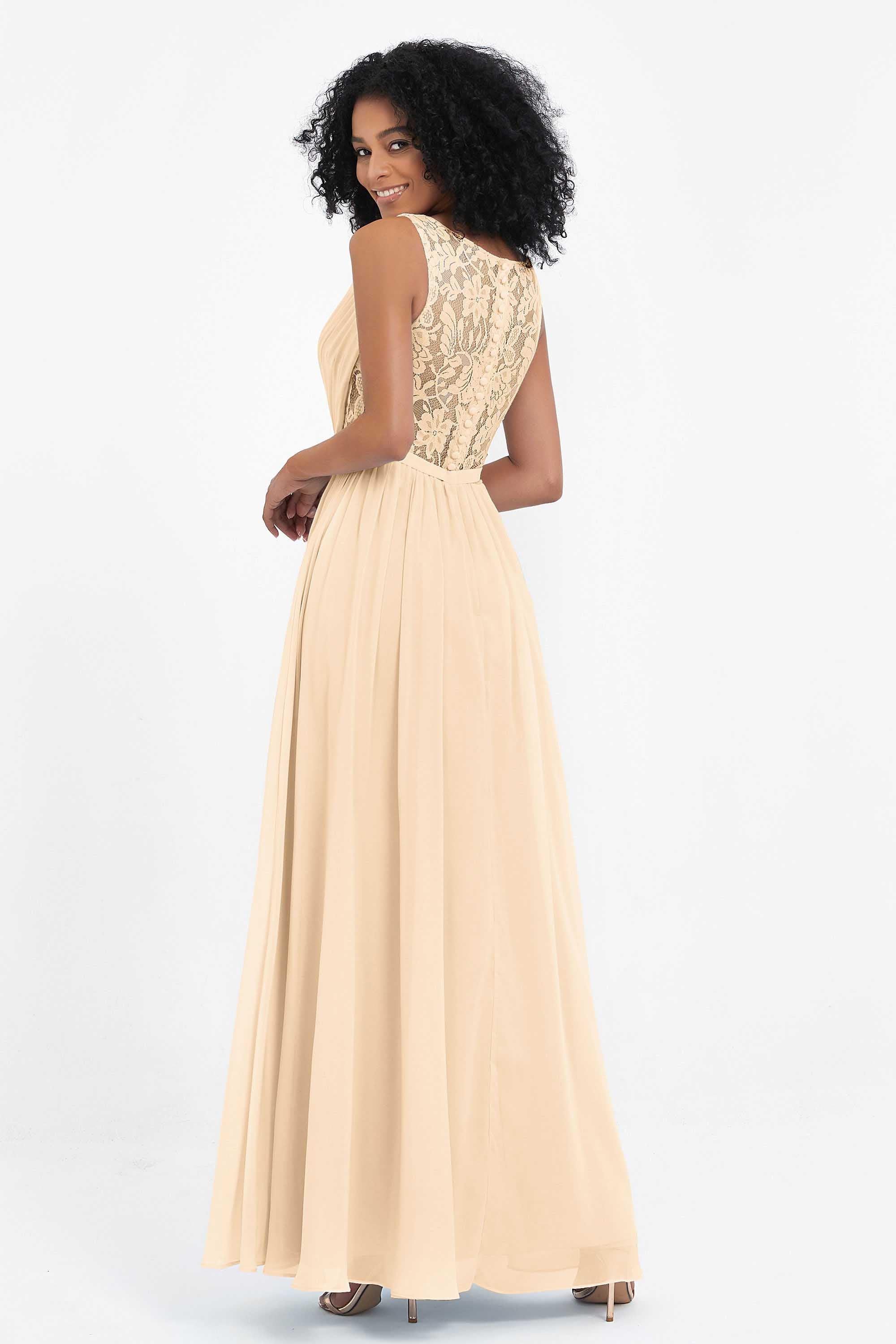 A Line Chiffon Bridesmaid Dress With Lace Ruched Sleeveless Formal Evening Prom Dresses