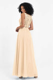 A Line Chiffon Bridesmaid Dress With Lace Ruched Sleeveless Formal Evening Prom Dresses
