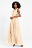 A Line Chiffon Bridesmaid Dress With Lace Ruched Sleeveless Formal Evening Prom Dresses