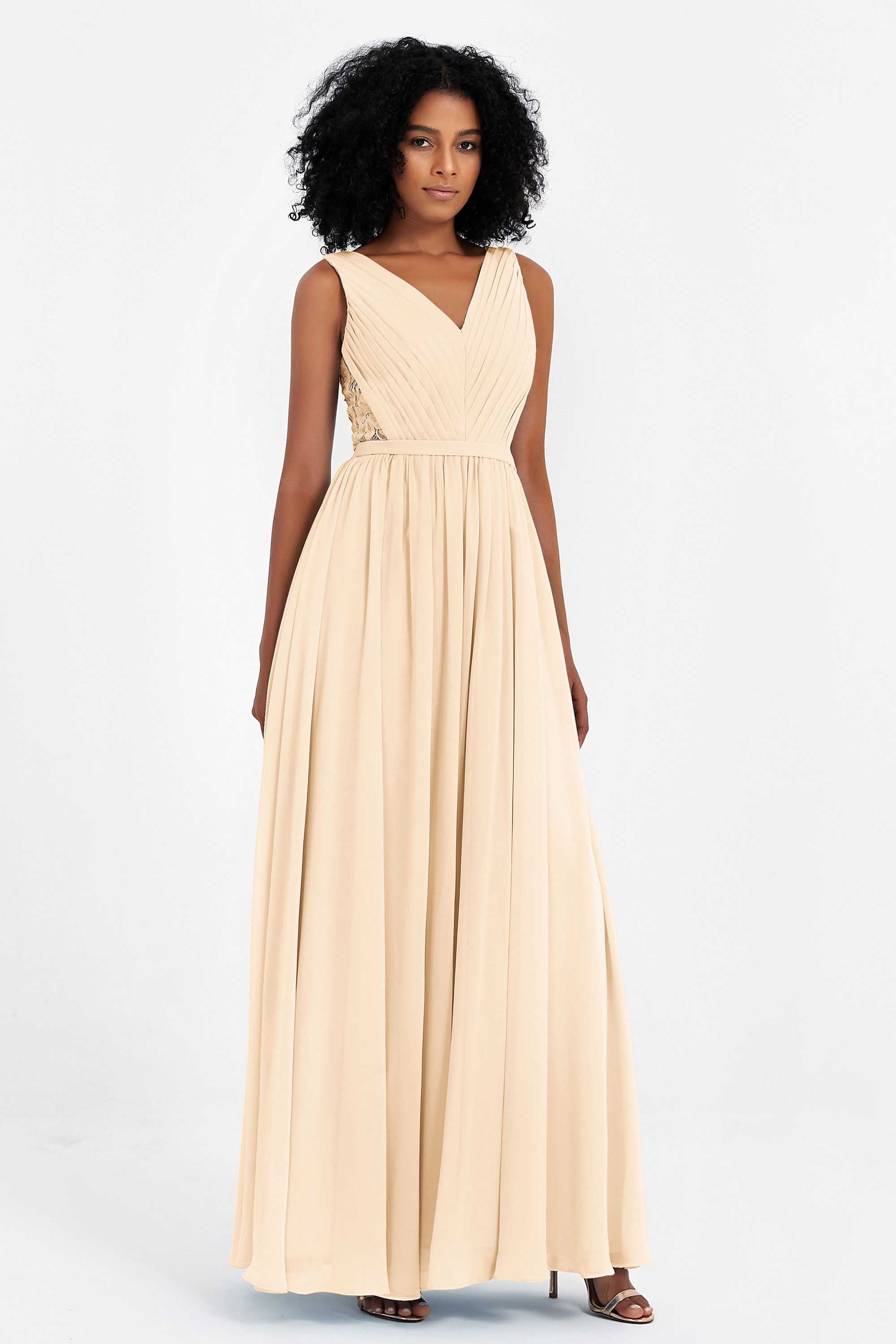 A Line Chiffon Bridesmaid Dress With Lace Ruched Sleeveless Formal Evening Prom Dresses