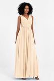 A Line Chiffon Bridesmaid Dress With Lace Ruched Sleeveless Formal Evening Prom Dresses