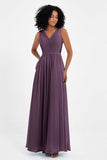 A Line Chiffon Bridesmaid Dress With Lace Ruched Sleeveless Formal Evening Prom Dresses