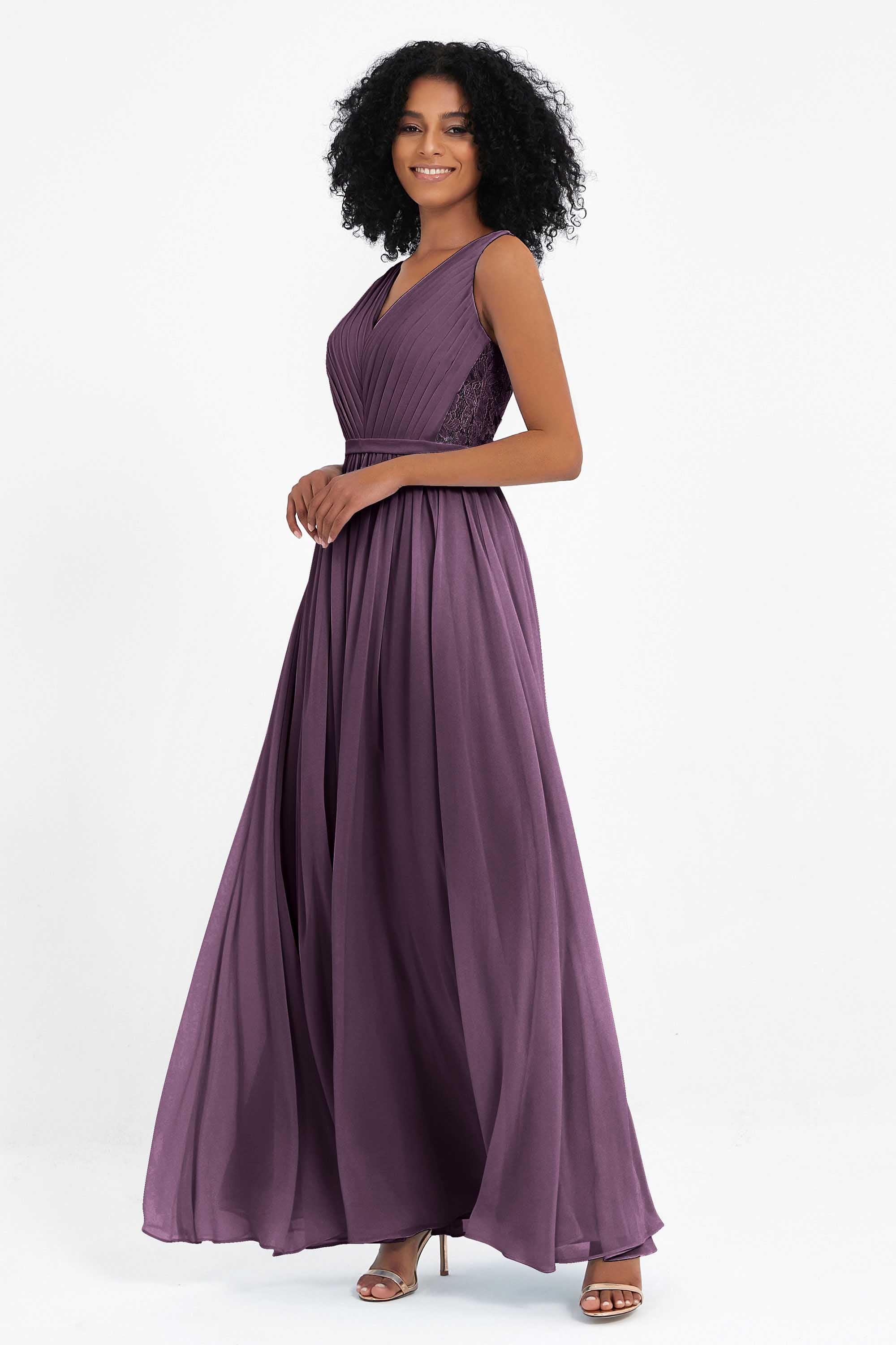 A Line Chiffon Bridesmaid Dress With Lace Ruched Sleeveless Formal Evening Prom Dresses