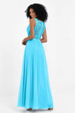 A Line Chiffon Bridesmaid Dress With Lace Ruched Sleeveless Formal Evening Prom Dresses