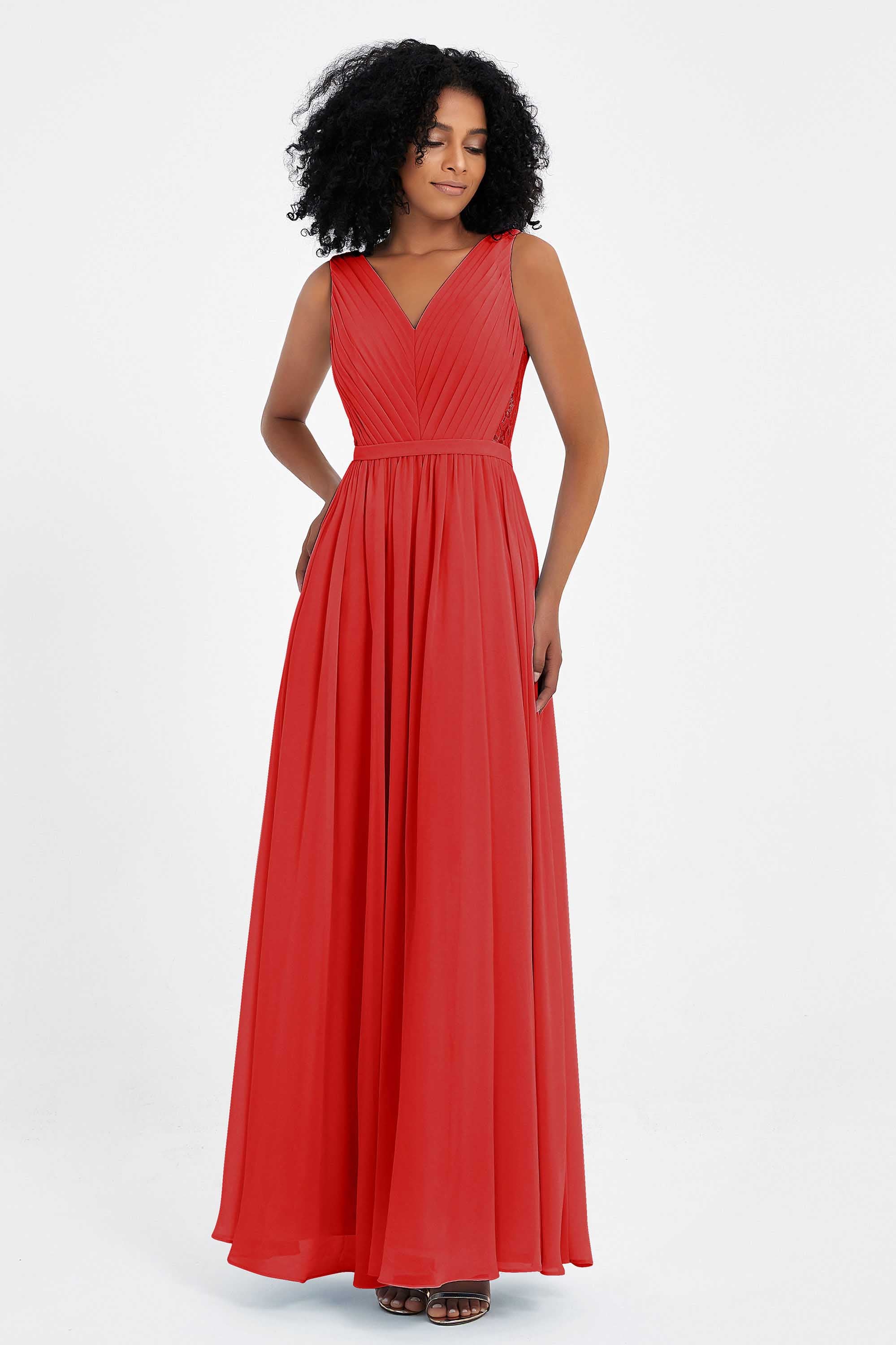 A Line Chiffon Bridesmaid Dress With Lace Ruched Sleeveless Formal Evening Prom Dresses