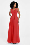 A Line Chiffon Bridesmaid Dress With Lace Ruched Sleeveless Formal Evening Prom Dresses