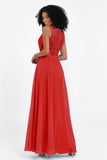 A Line Chiffon Bridesmaid Dress With Lace Ruched Sleeveless Formal Evening Prom Dresses