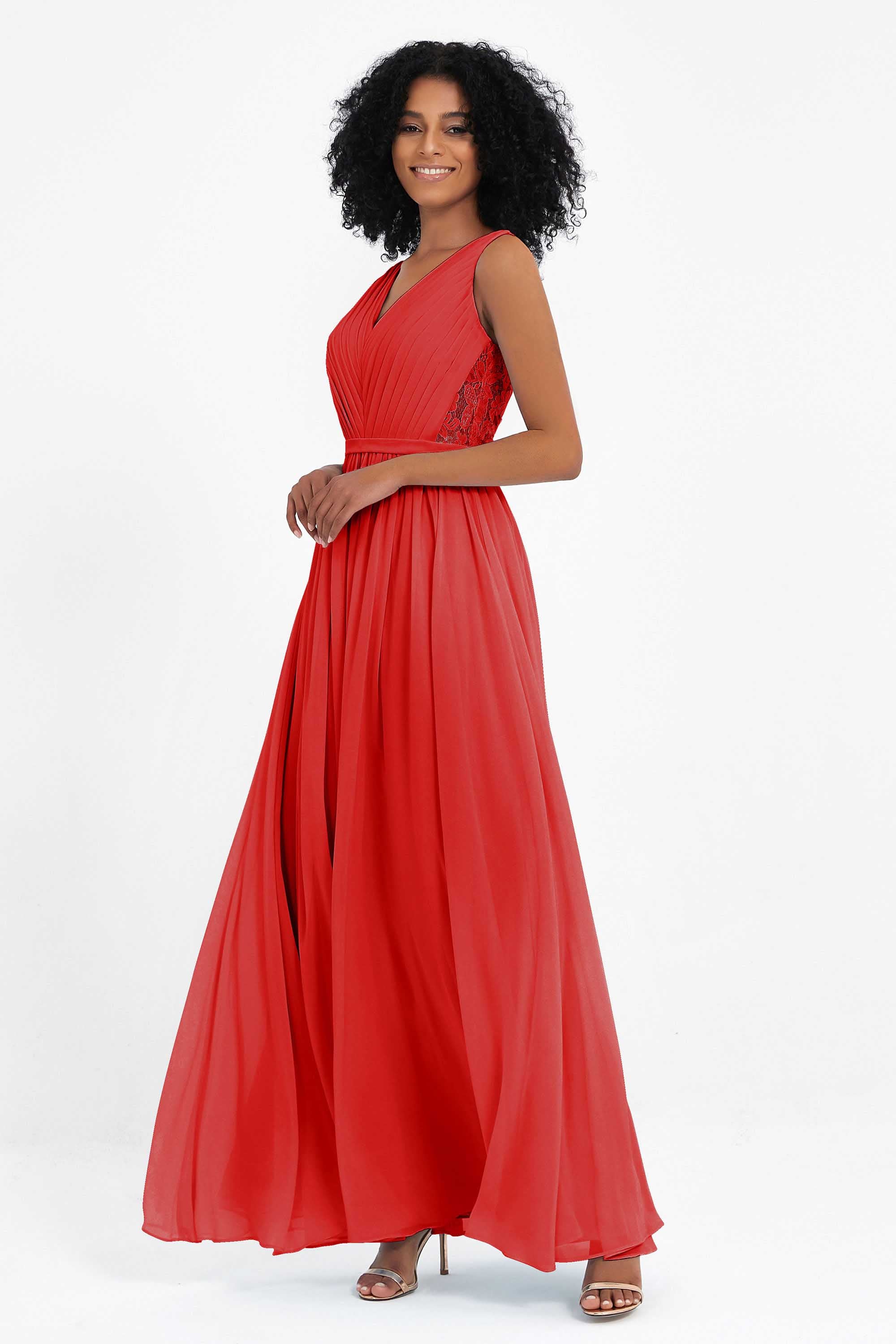 A Line Chiffon Bridesmaid Dress With Lace Ruched Sleeveless Formal Evening Prom Dresses