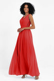A Line Chiffon Bridesmaid Dress With Lace Ruched Sleeveless Formal Evening Prom Dresses