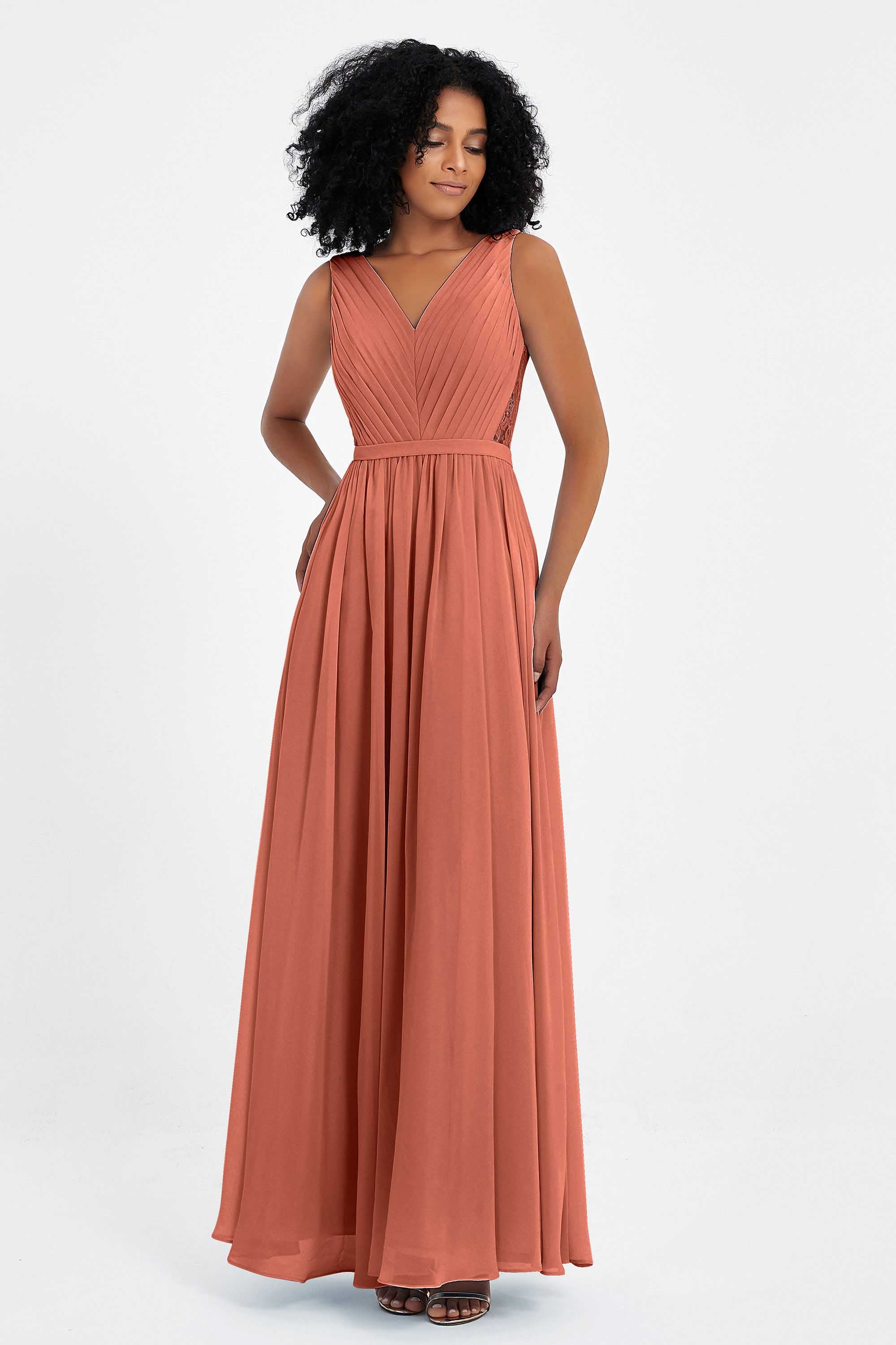 A Line Chiffon Bridesmaid Dress With Lace Ruched Sleeveless Formal Evening Prom Dresses