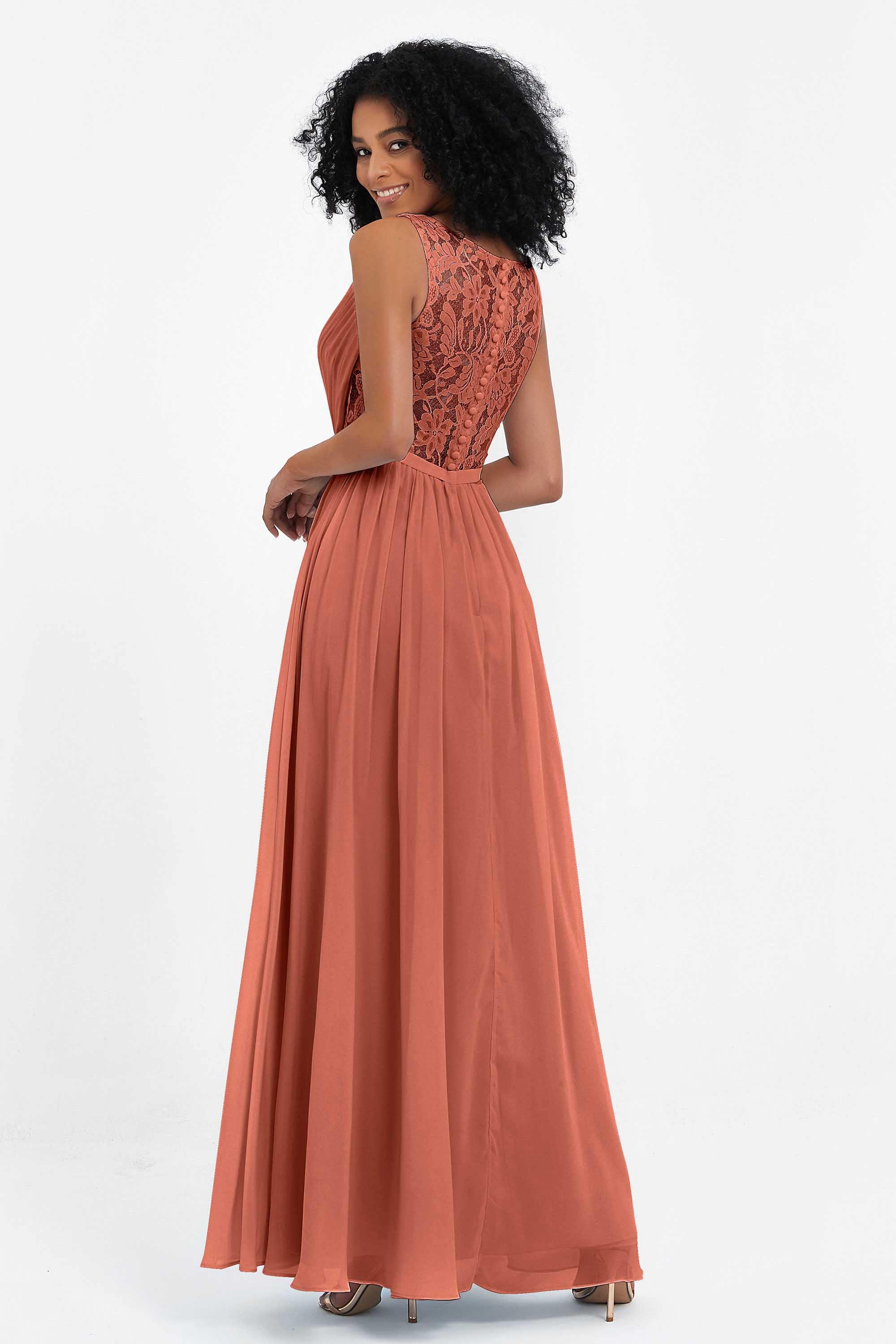 A Line Chiffon Bridesmaid Dress With Lace Ruched Sleeveless Formal Evening Prom Dresses