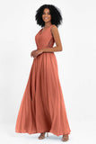 A Line Chiffon Bridesmaid Dress With Lace Ruched Sleeveless Formal Evening Prom Dresses