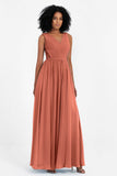 A Line Chiffon Bridesmaid Dress With Lace Ruched Sleeveless Formal Evening Prom Dresses