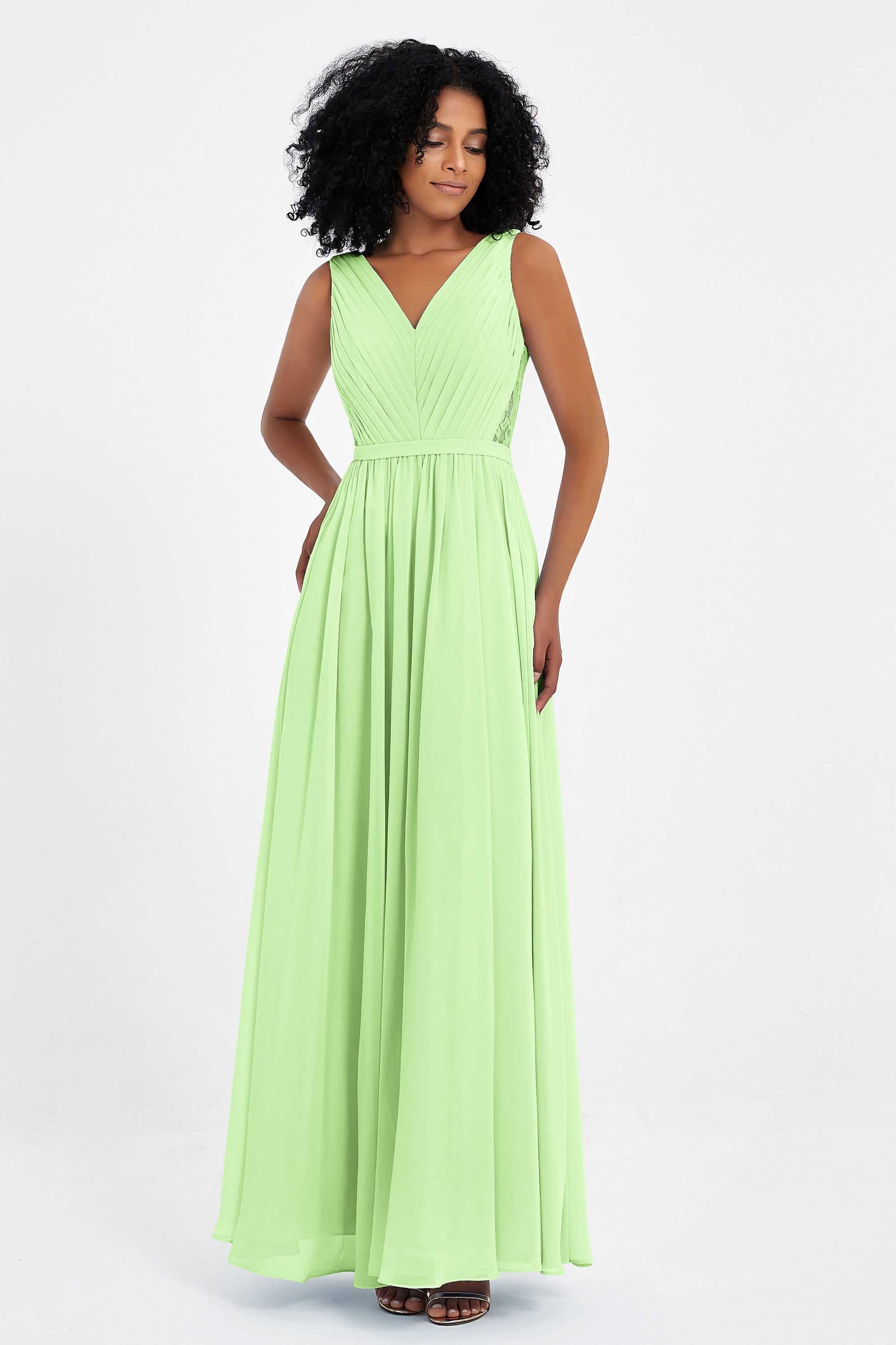 A Line Chiffon Bridesmaid Dress With Lace Ruched Sleeveless Formal Evening Prom Dresses
