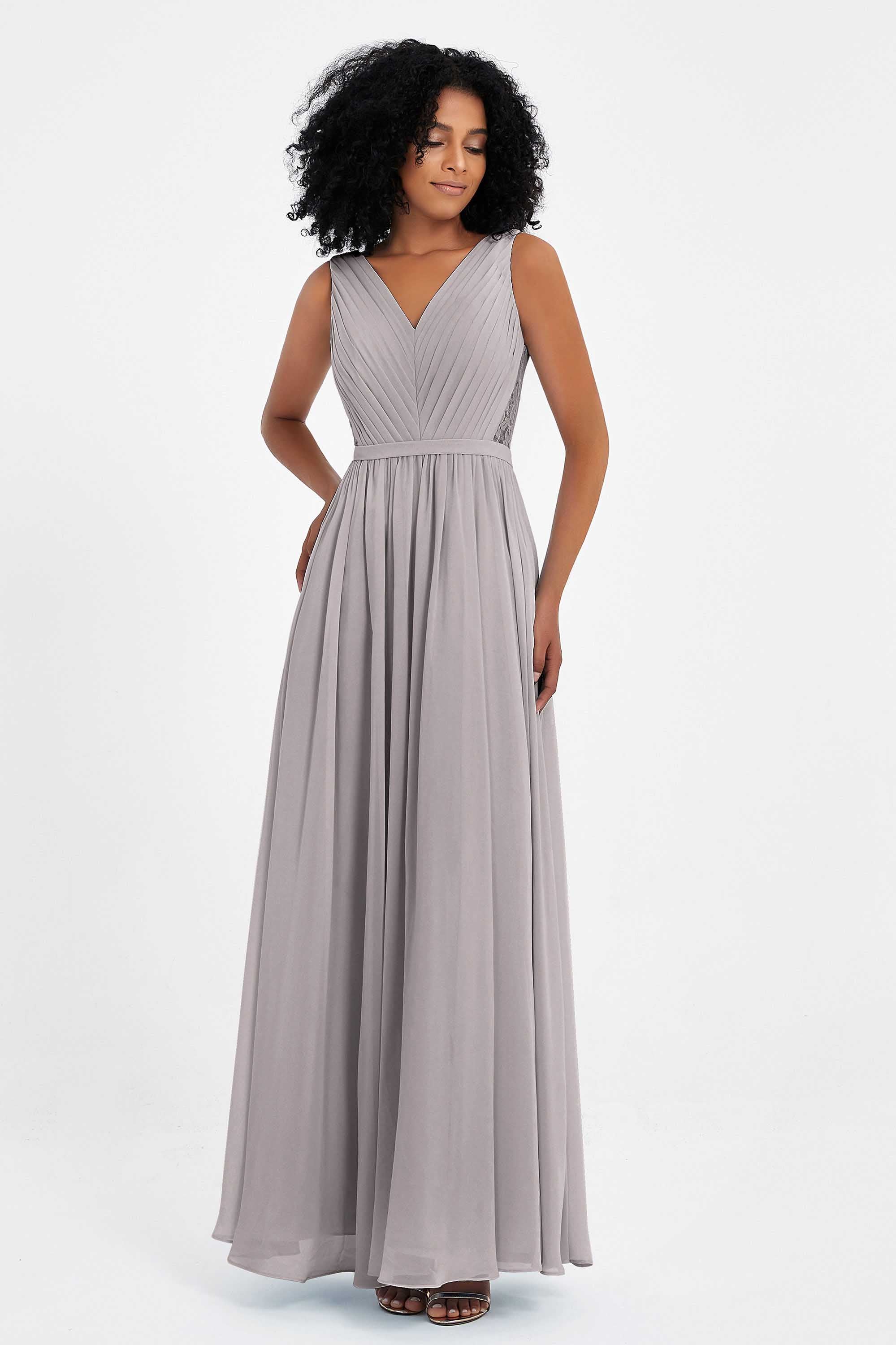 A Line Chiffon Bridesmaid Dress With Lace Ruched Sleeveless Formal Evening Prom Dresses