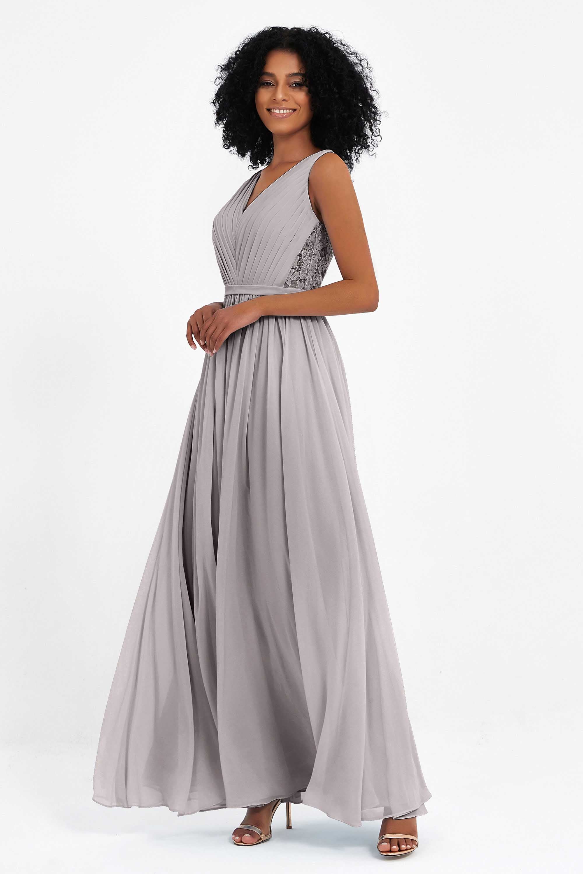 A Line Chiffon Bridesmaid Dress With Lace Ruched Sleeveless Formal Evening Prom Dresses