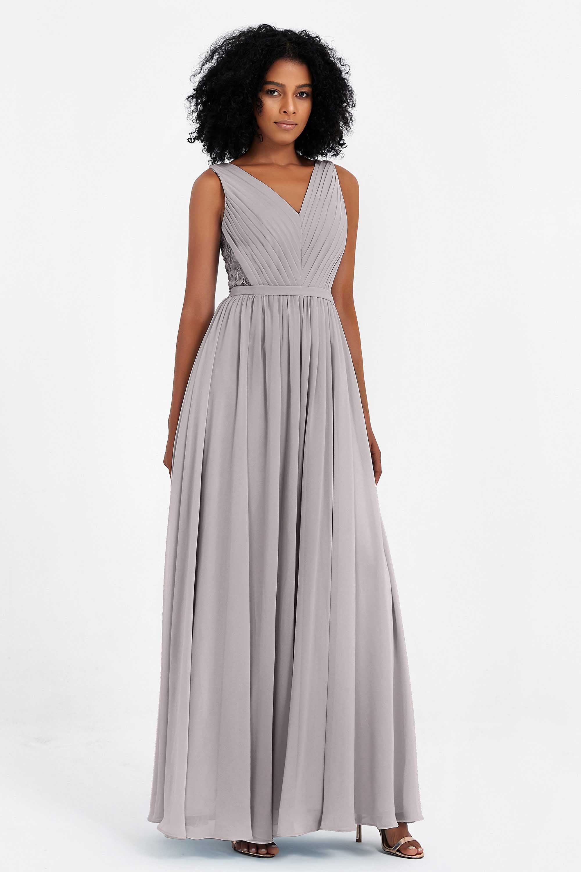 A Line Chiffon Bridesmaid Dress With Lace Ruched Sleeveless Formal Evening Prom Dresses