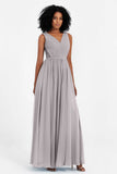 A Line Chiffon Bridesmaid Dress With Lace Ruched Sleeveless Formal Evening Prom Dresses