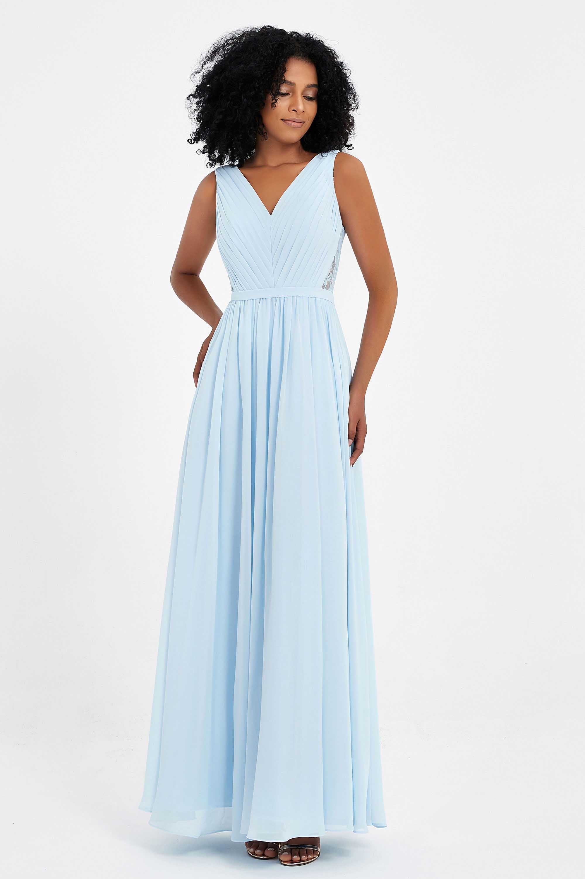 A Line Chiffon Bridesmaid Dress With Lace Ruched Sleeveless Formal Evening Prom Dresses