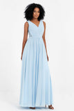 A Line Chiffon Bridesmaid Dress With Lace Ruched Sleeveless Formal Evening Prom Dresses