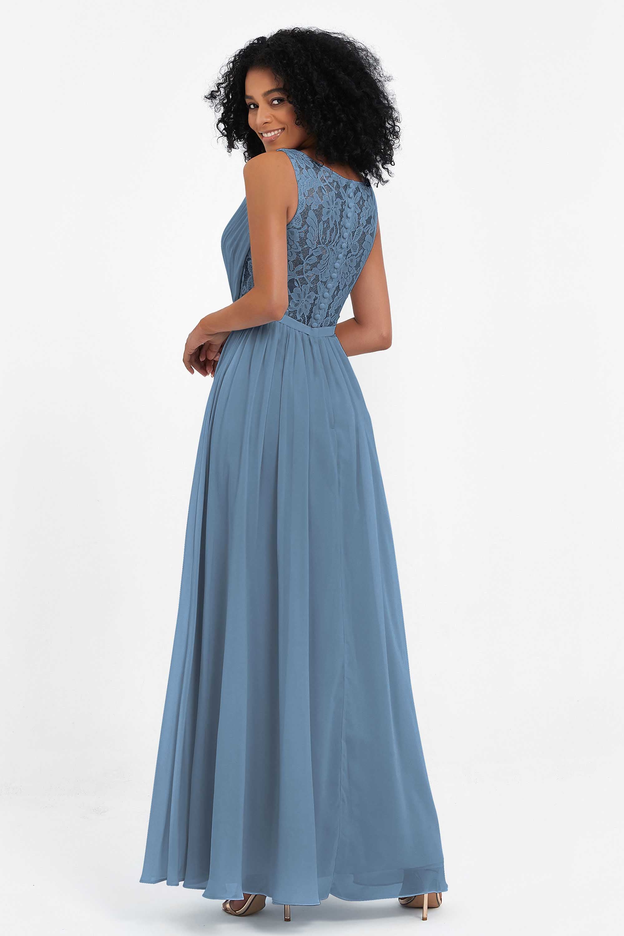 A Line Chiffon Bridesmaid Dress With Lace Ruched Sleeveless Formal Evening Prom Dresses
