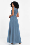 A Line Chiffon Bridesmaid Dress With Lace Ruched Sleeveless Formal Evening Prom Dresses