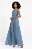 A Line Chiffon Bridesmaid Dress With Lace Ruched Sleeveless Formal Evening Prom Dresses