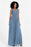 A Line Chiffon Bridesmaid Dress With Lace Ruched Sleeveless Formal Evening Prom Dresses