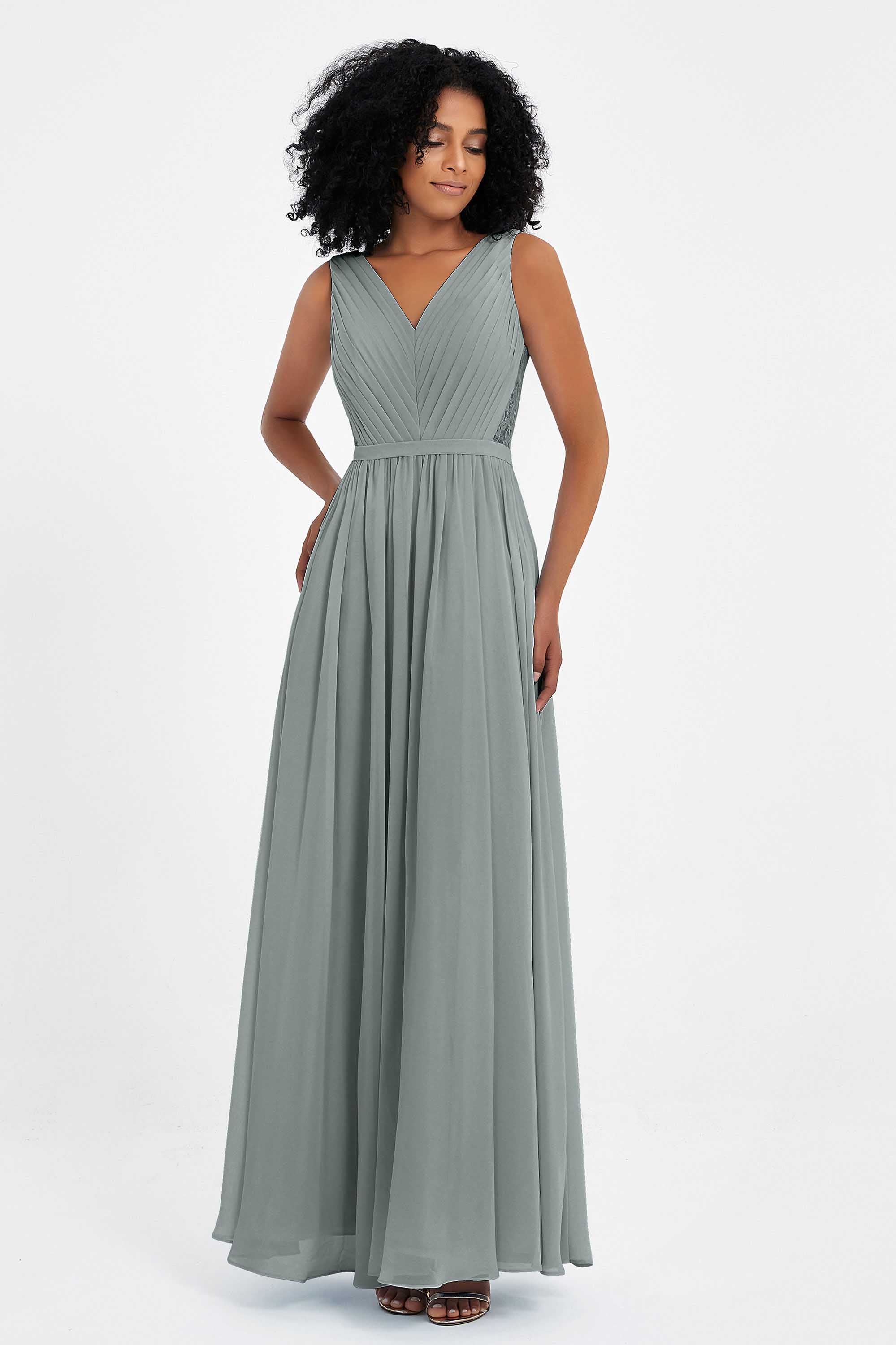 A Line Chiffon Bridesmaid Dress With Lace Ruched Sleeveless Formal Evening Prom Dresses