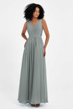 A Line Chiffon Bridesmaid Dress With Lace Ruched Sleeveless Formal Evening Prom Dresses