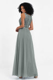 A Line Chiffon Bridesmaid Dress With Lace Ruched Sleeveless Formal Evening Prom Dresses