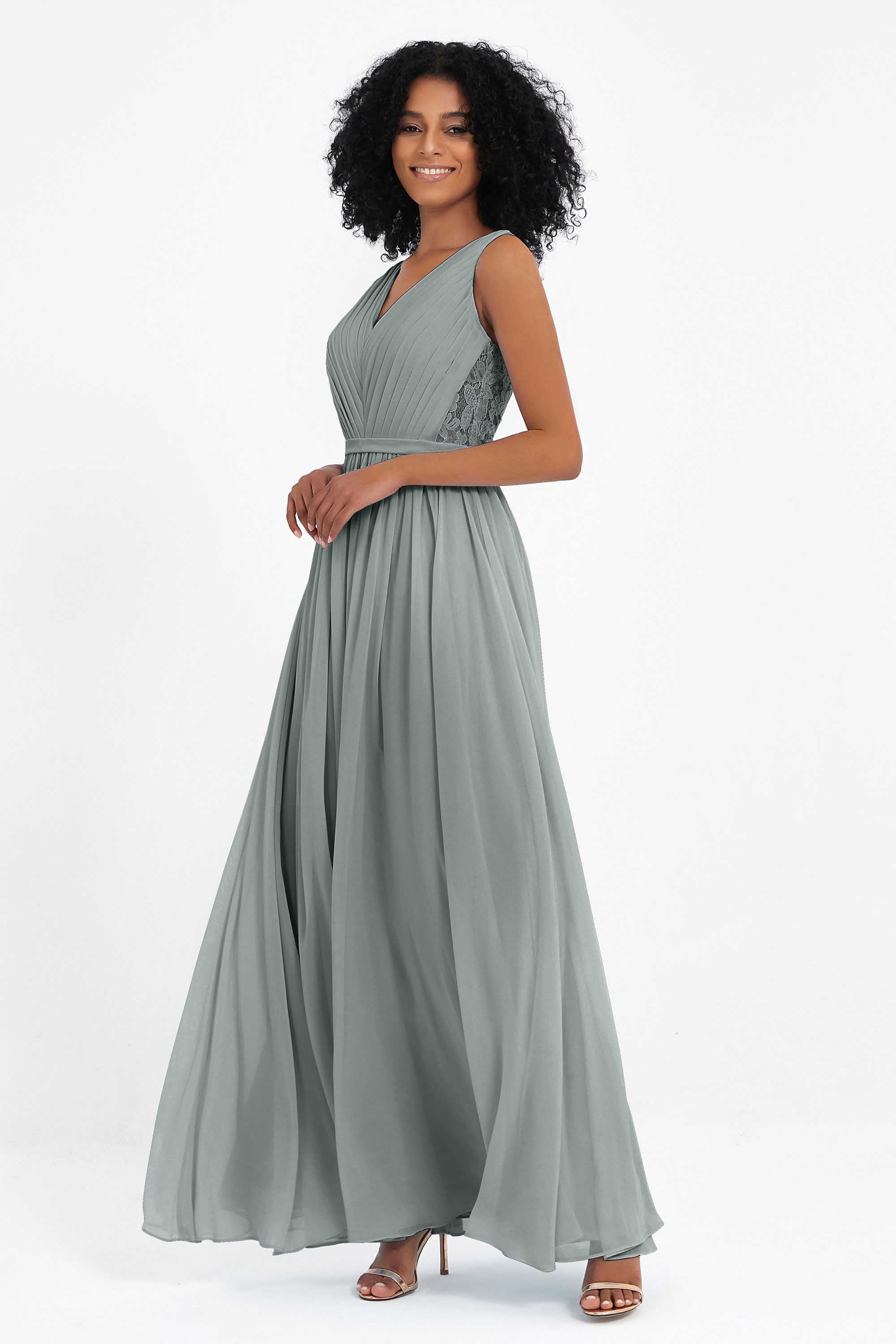 A Line Chiffon Bridesmaid Dress With Lace Ruched Sleeveless Formal Evening Prom Dresses