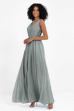 A Line Chiffon Bridesmaid Dress With Lace Ruched Sleeveless Formal Evening Prom Dresses