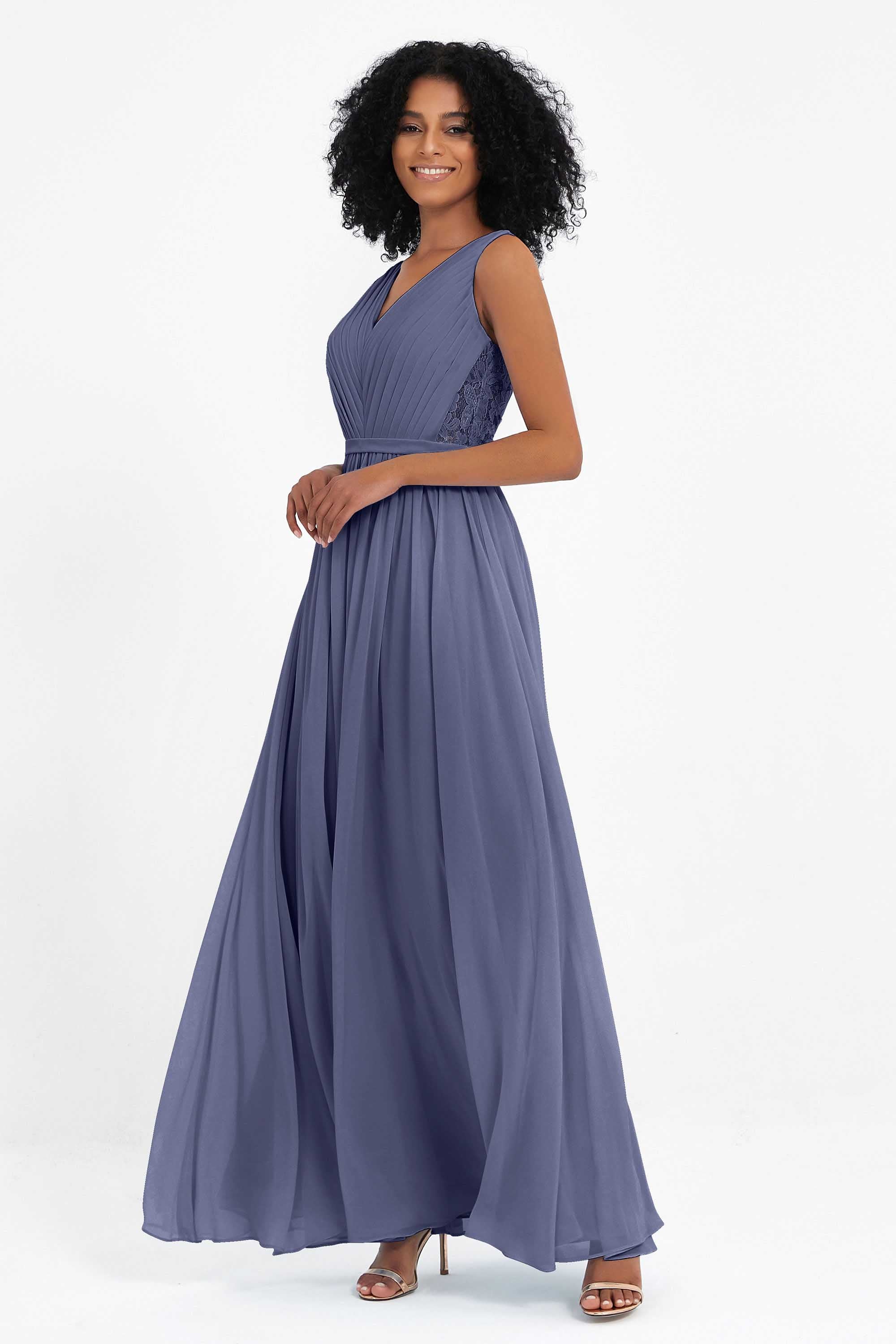 A Line Chiffon Bridesmaid Dress With Lace Ruched Sleeveless Formal Evening Prom Dresses