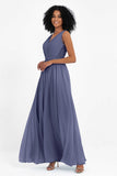 A Line Chiffon Bridesmaid Dress With Lace Ruched Sleeveless Formal Evening Prom Dresses