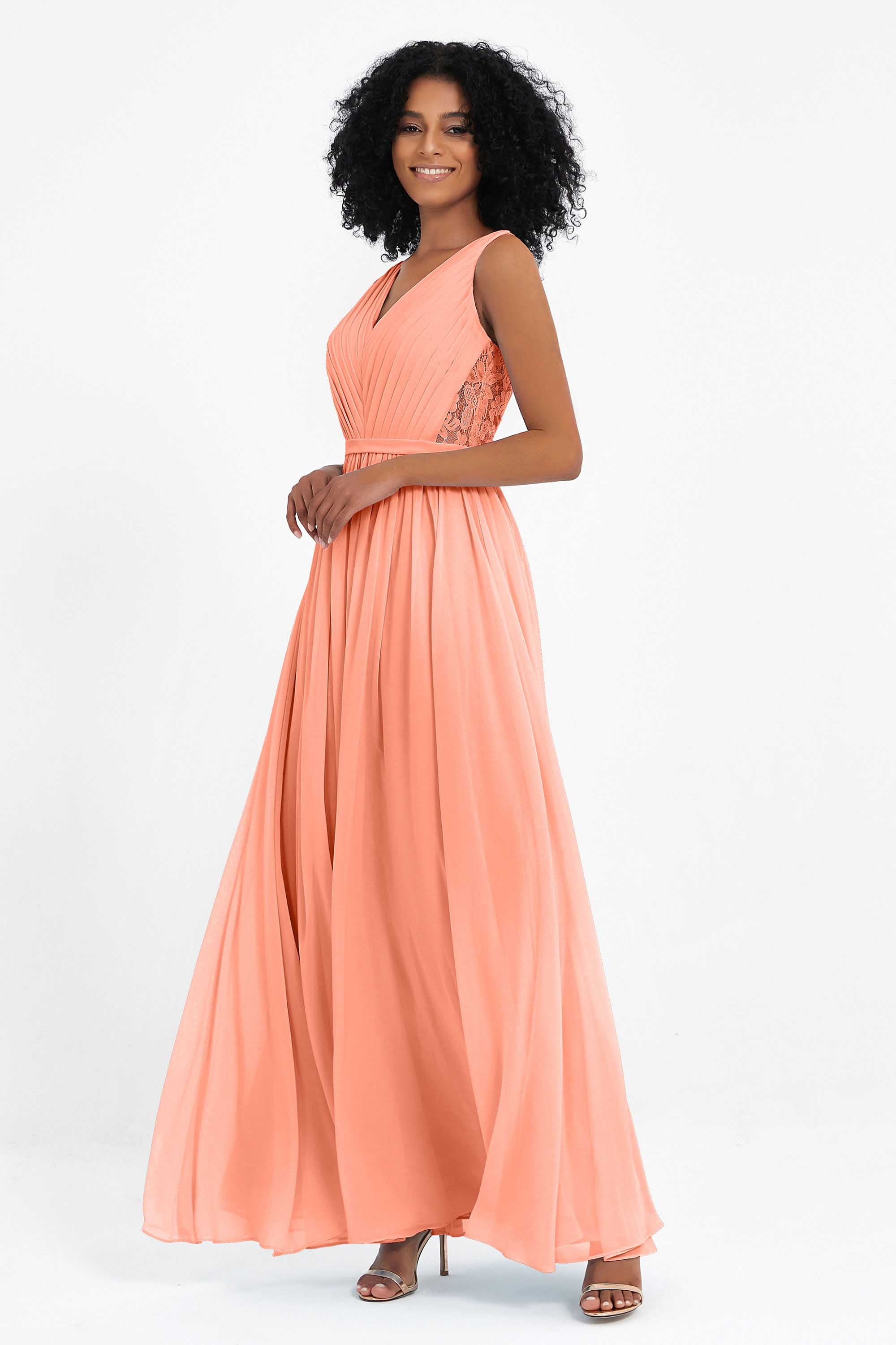 A Line Chiffon Bridesmaid Dress With Lace Ruched Sleeveless Formal Evening Prom Dresses