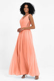 A Line Chiffon Bridesmaid Dress With Lace Ruched Sleeveless Formal Evening Prom Dresses