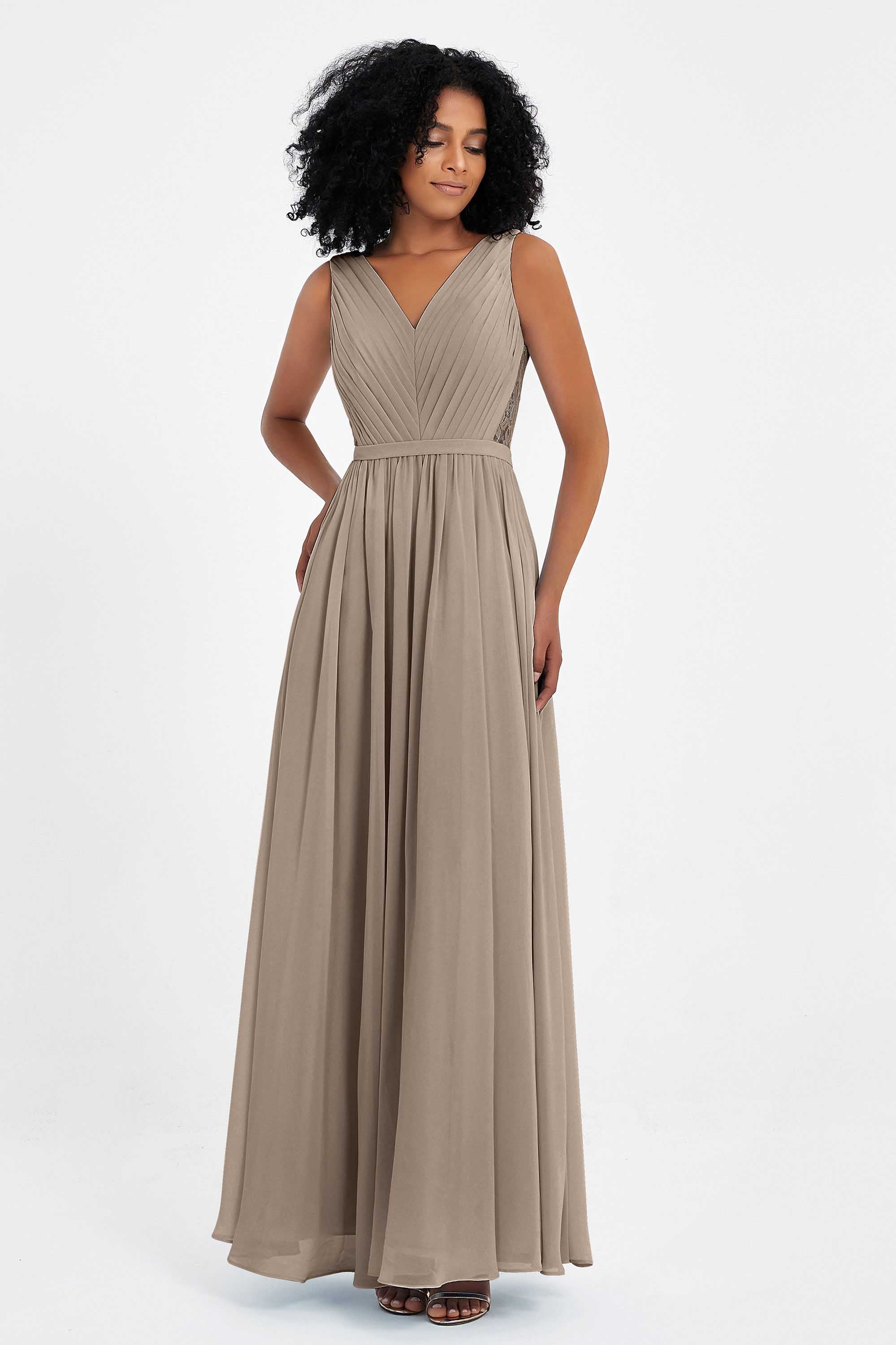 A Line Chiffon Bridesmaid Dress With Lace Ruched Sleeveless Formal Evening Prom Dresses