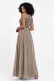 A Line Chiffon Bridesmaid Dress With Lace Ruched Sleeveless Formal Evening Prom Dresses